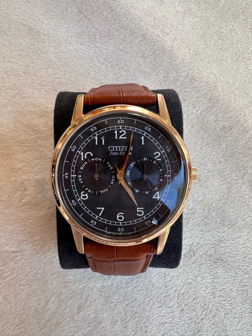 Citizen Eco Drive Gold-Tone Case Watch with Black Dial and Brown Leather Strap